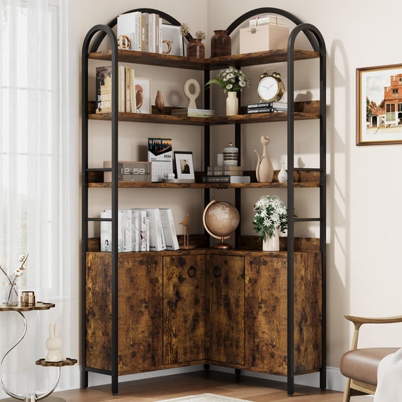 6 Tier Arched Corner Bookshelf with Storage Cabinet, 74.5" Tall L-Shaped Corner Bookcase, Industrial Wood and Metal Display Rack for Living Room, Bedroom, Home Office