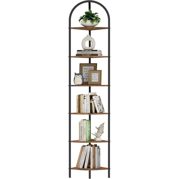 6-Tier Arched Corner Shelf Stand, Wall Corner Bookshelf with Metal Frame, Plant Stand, Industrial Storage Rack Shelf for Living Room, Bedroom, Office, Bathroom, Rustic Brown and Black