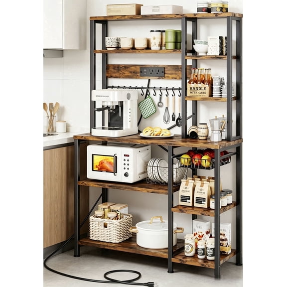 6-Tier Bakers Rack with Power Outlet, Kitchen Coffee Bar Station with Storage, Microwave Stand with 12 S Hooks and Open Shelves for Spices, Pots and Pans, Rustic Brown