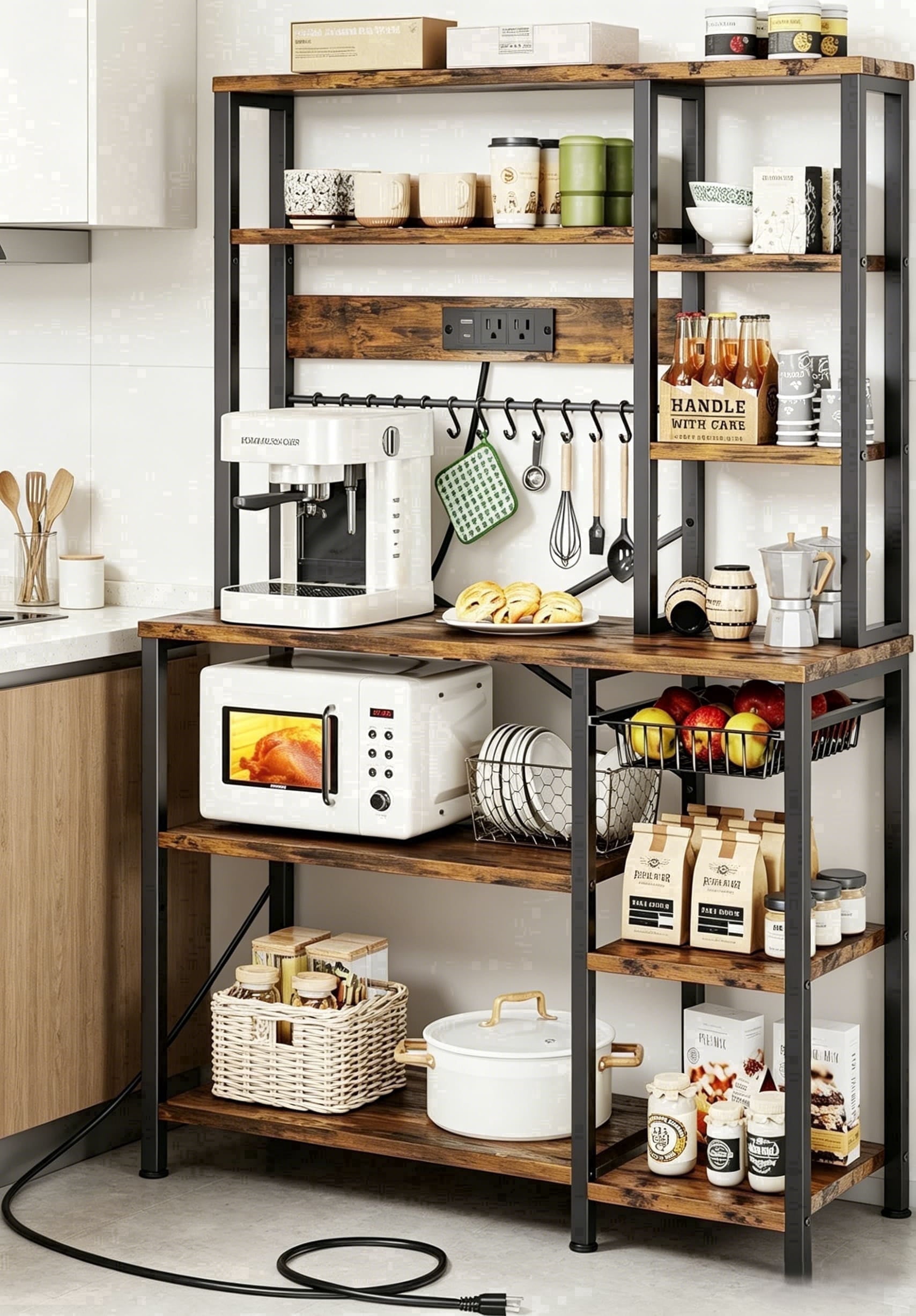 EXNOTE 6-Tier Bakers Rack with Power Outlet, Coffee Bar Microwave Stand, 12 S Hooks Open Storage Shelves for Kitchen Spices Pots Pans, Rustic Brown