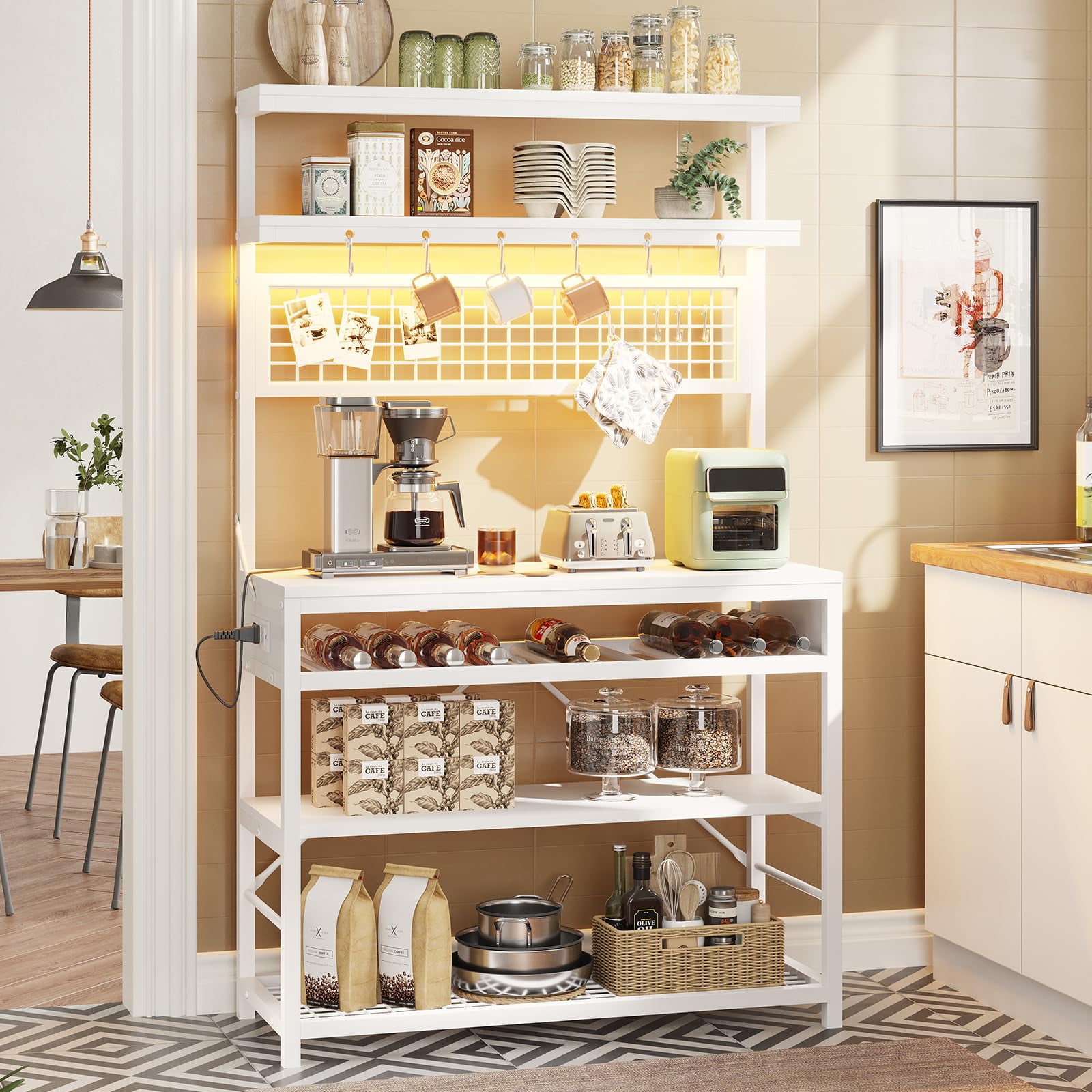 6 Tier Bakers Rack with Power Outlet LED Microwave Stand with Wine Rack White