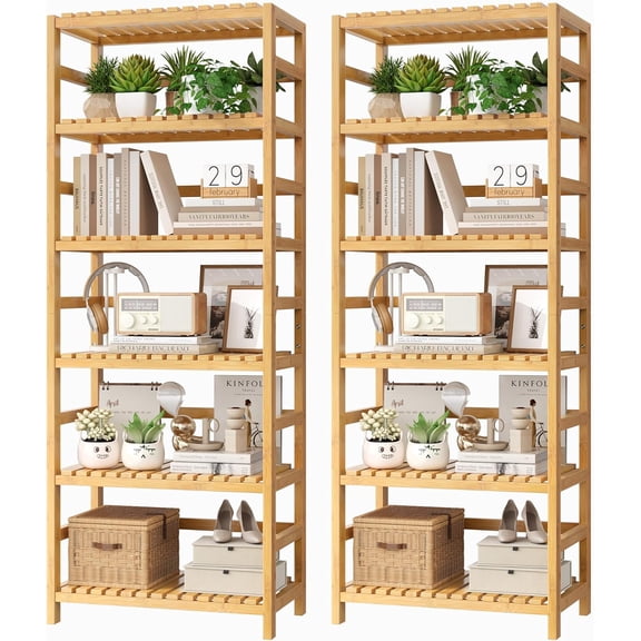 6-Tier Bamboo Shelf, Bamboo Bookcase with Adjustable Shelves, Free Standing Storage Shelf Unit, Plant Flower Stand for Kitchen, Bathroom, Home Office, Natural