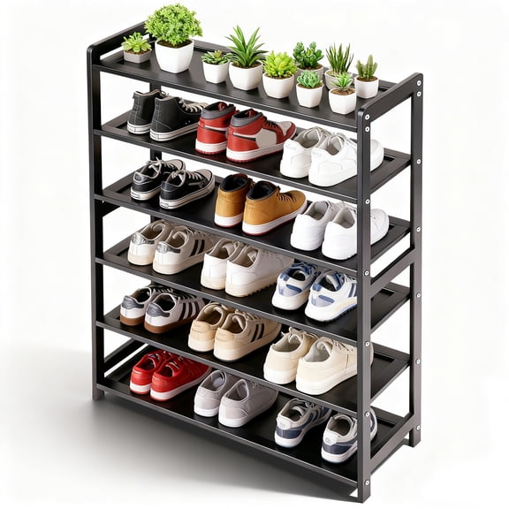6-Tier Bamboo Shoe Rack, Black Storage Organizer for Entryway, Holds Up to 18 Pairs of Shoes, Removable Shelves with Handles, Space-Saving Design