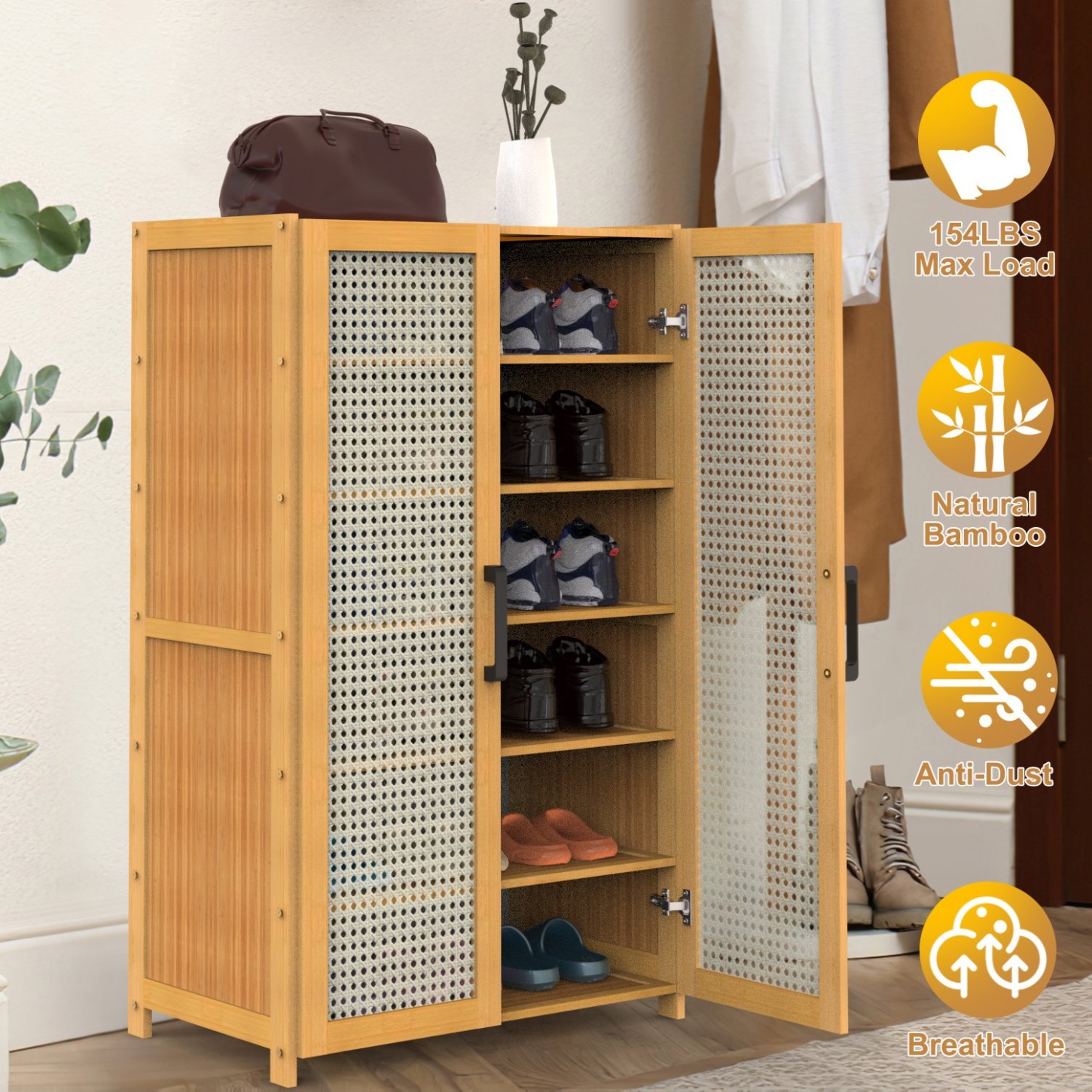 6-Tier Bamboo Shoe Rack, Freestanding Shoe Organizer with 2 Hollow ...