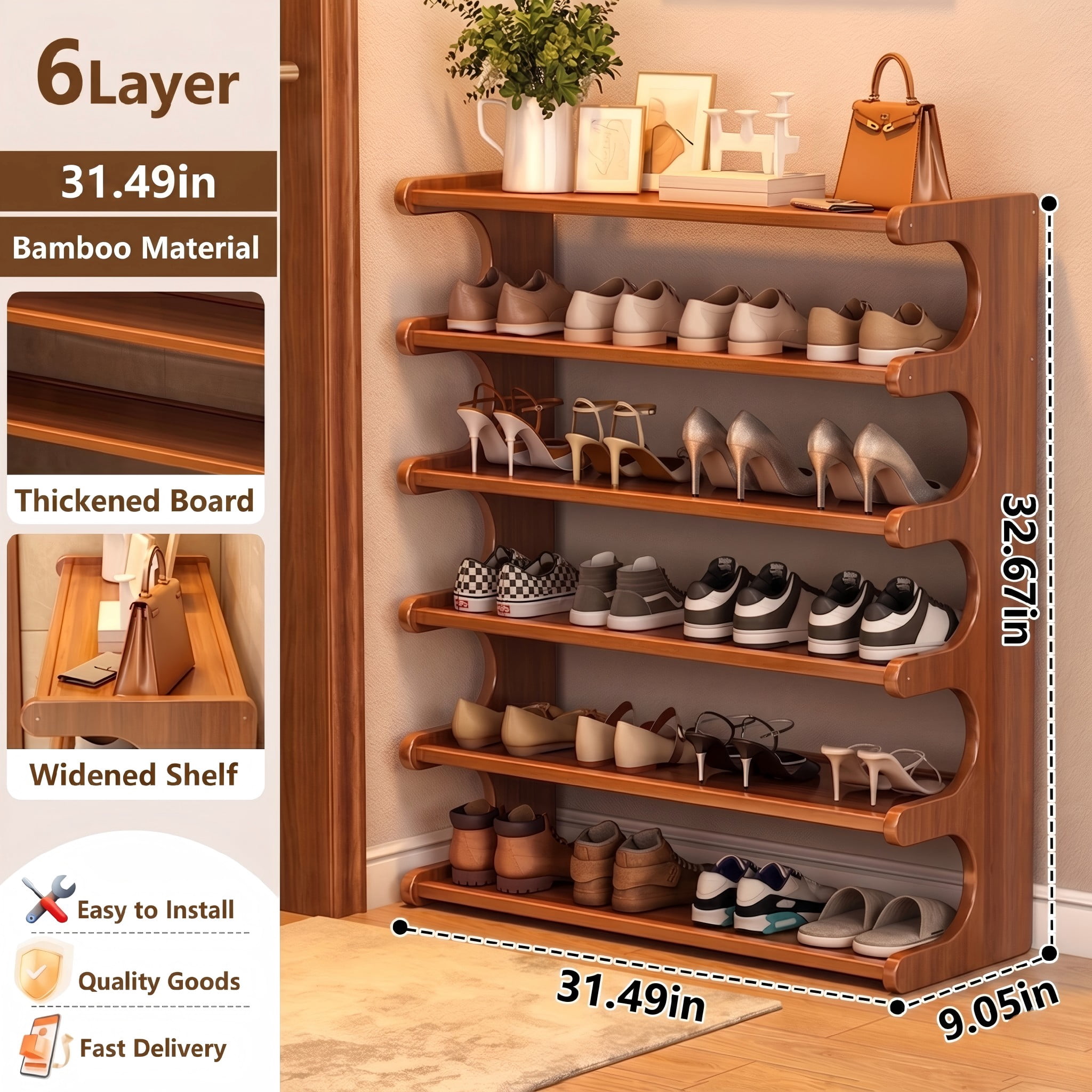 6-Tier Bamboo Shoe Rack Organizer, Multi-Tier Sturdy Shoe Storage Shelf for Entryway, Closet
