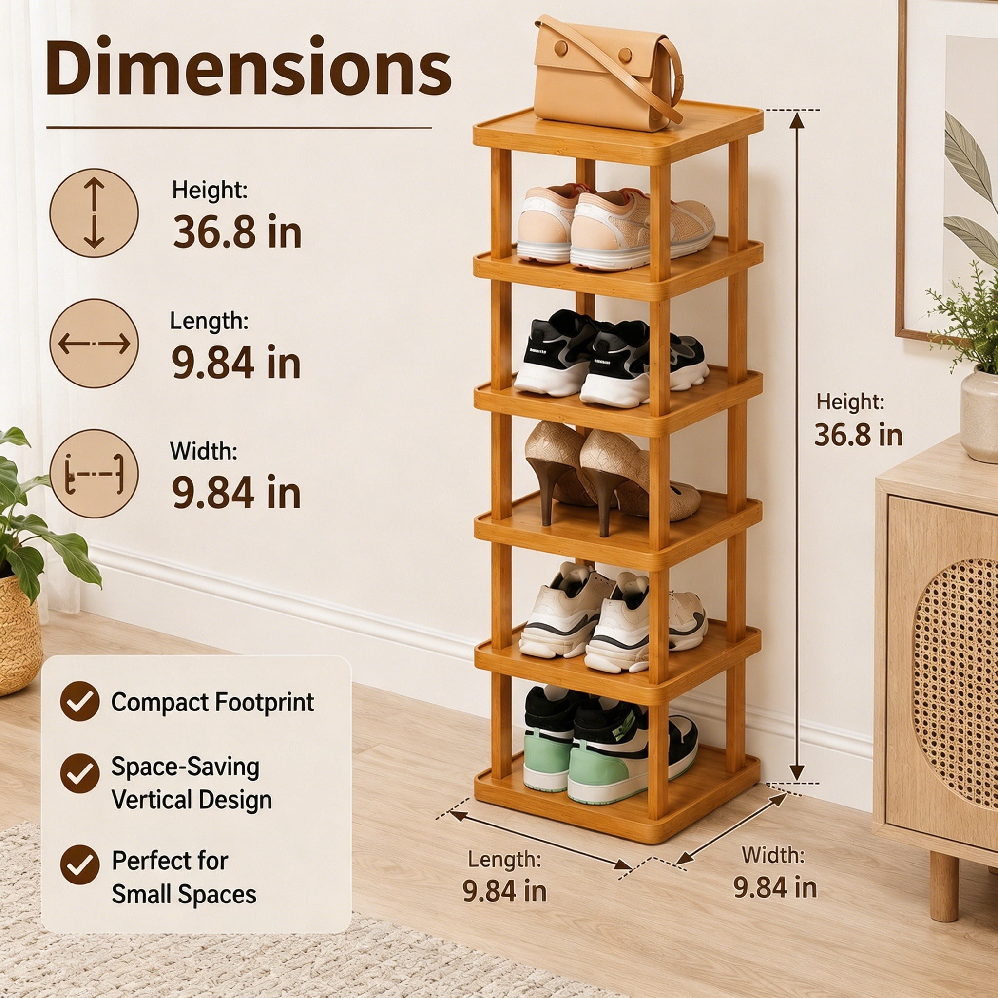 6 Tier Bamboo Shoe Rack, Narrow Vertical Shoe Organizer for Entryway, Closet and Small Spaces, Holds Up to 6 Pairs