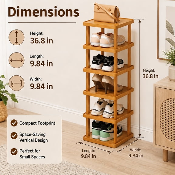 6 Tier Bamboo Shoe Rack, Narrow Vertical Shoe Organizer for Entryway, Closet and Small Spaces, Holds Up to 6 Pairs