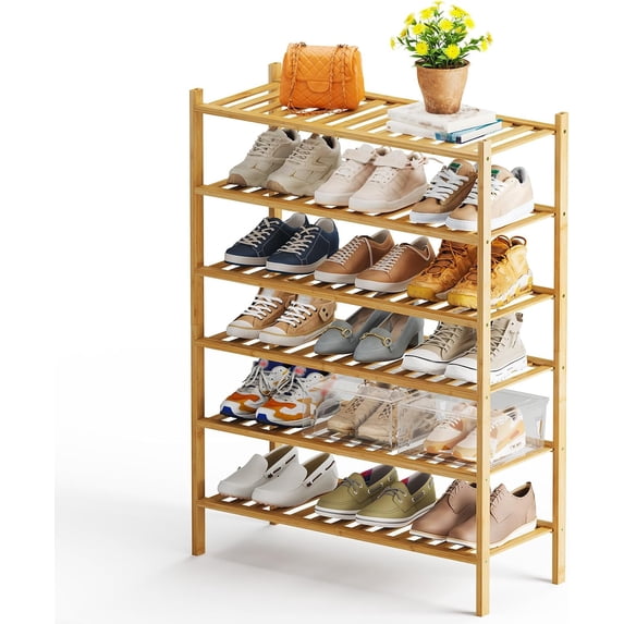 6-Tier Bamboo Shoe Rack Premium Stackable Shoe Shelf Storage Organizer ...