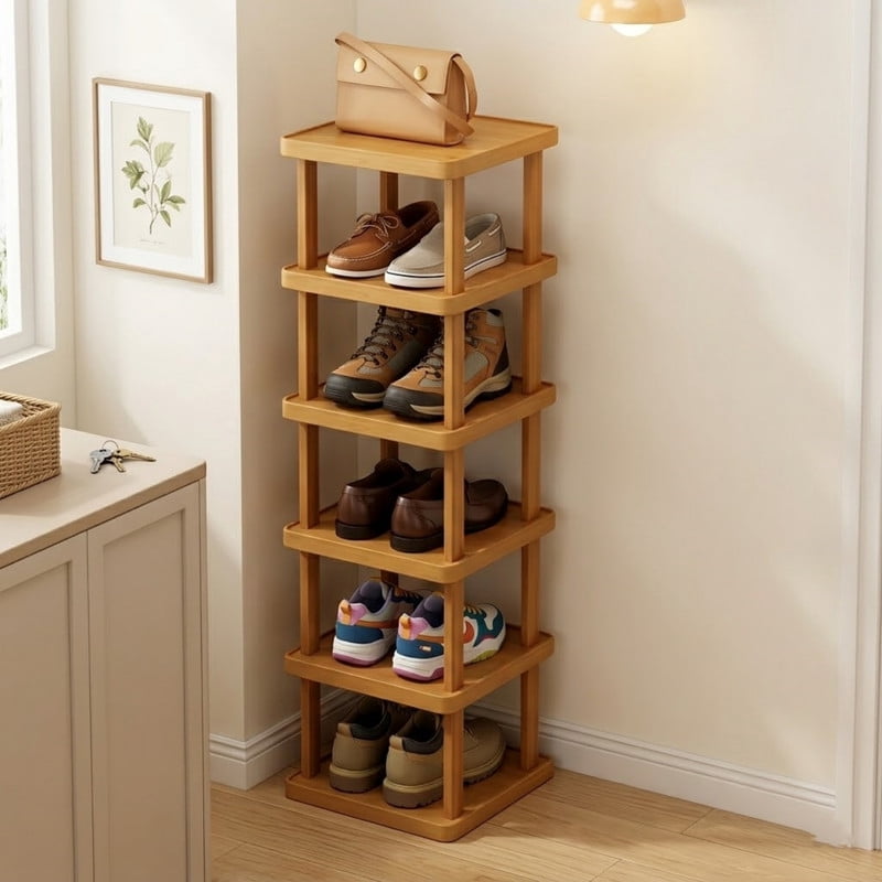 6-Tier Bamboo Vertical Shoe Rack, Narrow Space-Saving Shoe Organizer Tall Shoe Tower for Entryway & Closet, Space Saving Corner Shoes Shelf