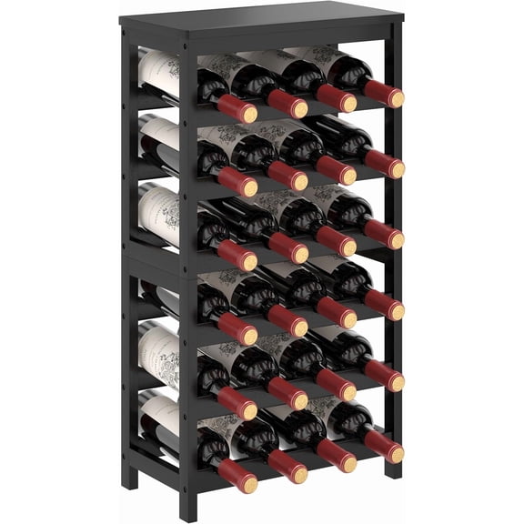 6 Tier Bamboo Wine Rack Freestanding Floor, 24 Bottles Wine Storage Shelves with Table Top, Stackable Wine Display Rack for Kitchen, Bar, Dining Room, Black