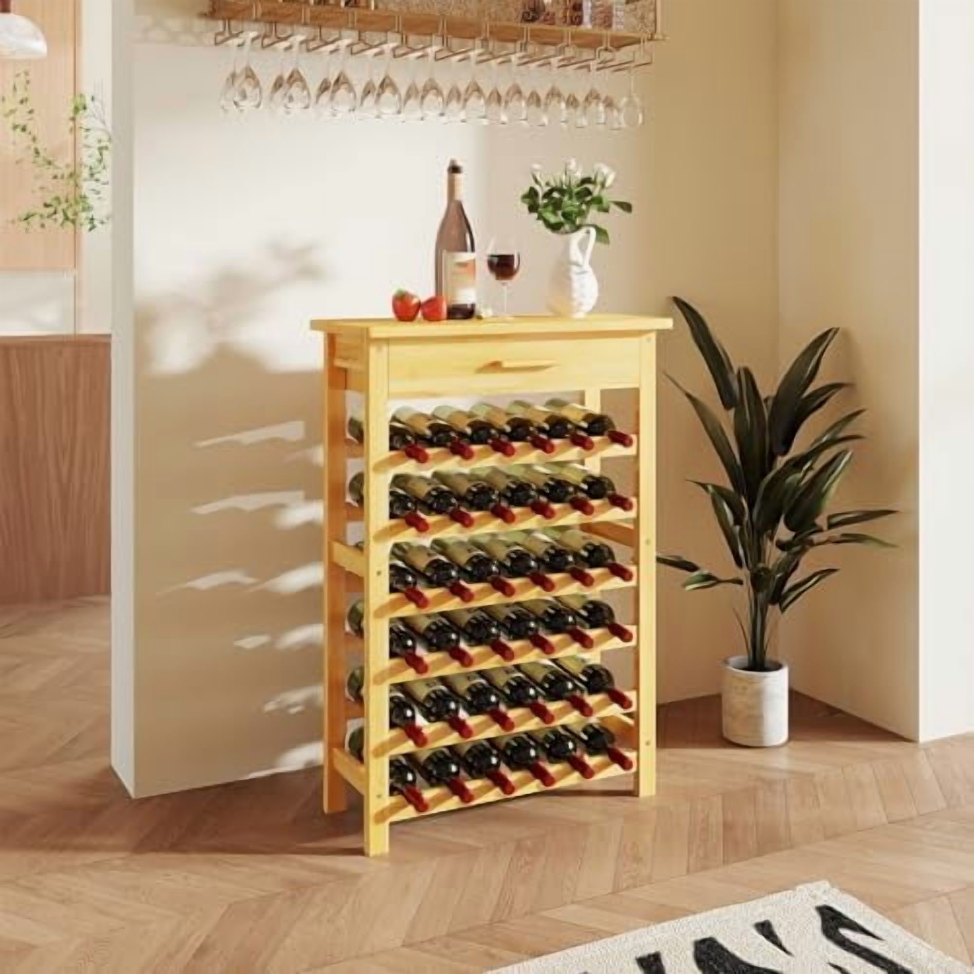 6-Tier Bamboo Wine Rack with Drawer, Standing Storage Rack with 36 ...