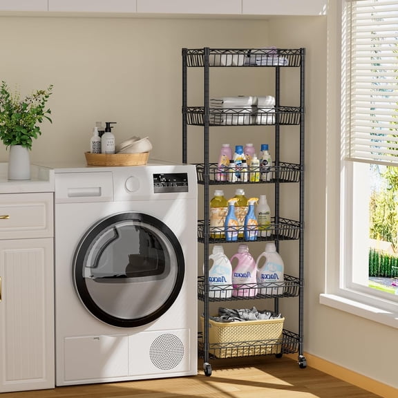 6 Tier Basket Shelf Wire Shelving Unit Adjustable Storage Shelves Big Basket Rack for Garage Kitchen Office Pantry Corner 17.2" Dx12.2 Wx63 H Black