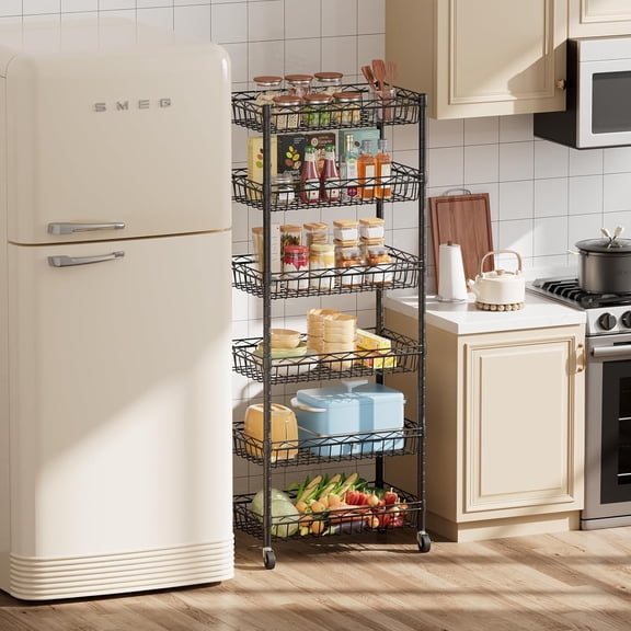 6 Tier Basket Shelf Wire Shelving Unit Adjustable Storage Shelves Big Basket Rack for Garage Kitchen Office Pantry Corner 17" Dx12 Wx63 H Black