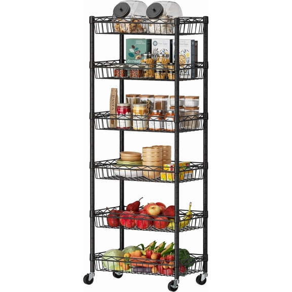 6 Tier Basket Shelf Wire Shelving Unit Adjustable Storage Shelves Big Basket Rack for Garage Kitchen Office Pantry Corner 17" Dx12 Wx63 H Black