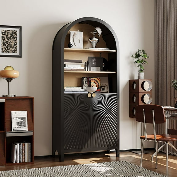 MIDOQIN 5-Tier Black Arched Bookshelf, 61" Tall Arched Bookcase with Storage Shelves and Door