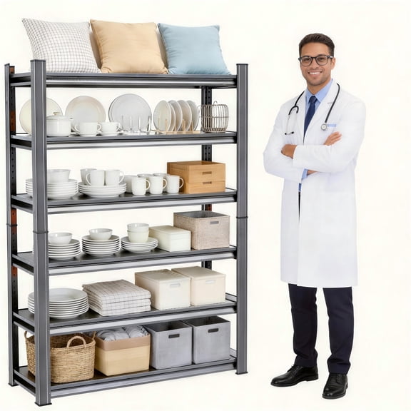 6-Tier Black Metal Book Shelf & Storage Rack, 3600LBS Heavy Duty Adjustable Steel Shelving Unit, Double Layer Panel Thickened Post for Kitchen Living Room Commercial