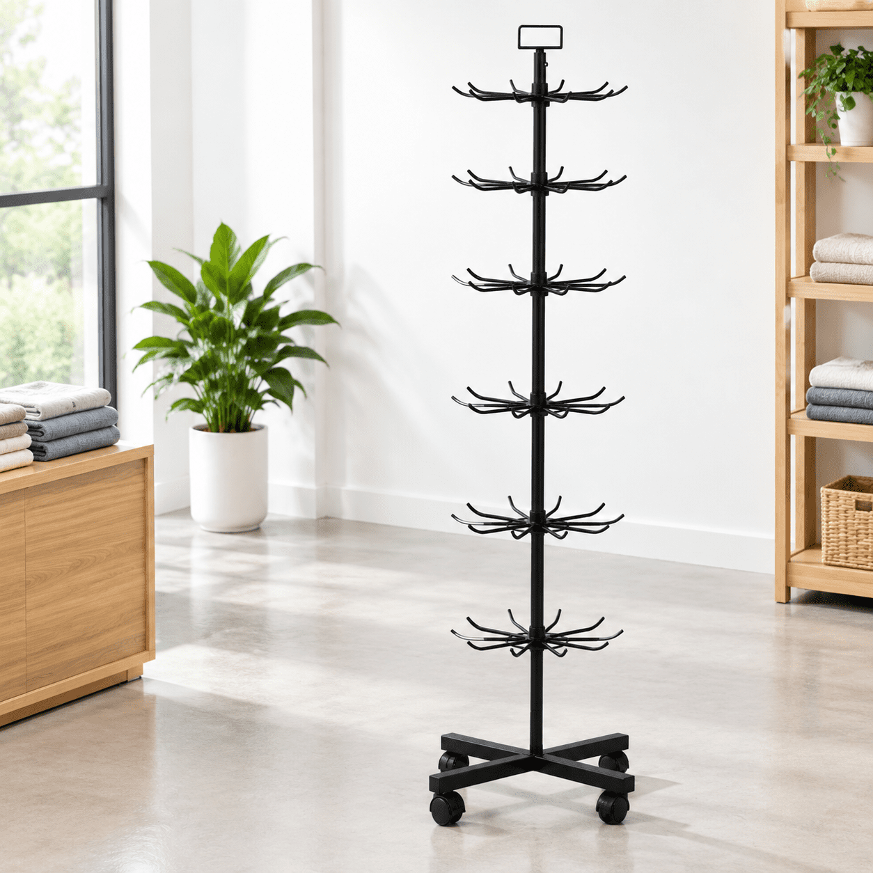 6 Tier Black Metal Rotating Retail Display Stand with Hooks and Wheels ...
