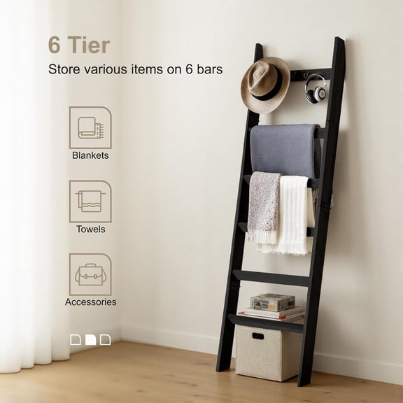 6-Tier Blanket Ladder for Living Room and Bedroom,5.4 Ft Wall Leaning Quilt Rack with Hooks,Rustic Decorative Farmhouse Blanket Storage,Stylish Ladder Holder,Christmas Decorations,Black