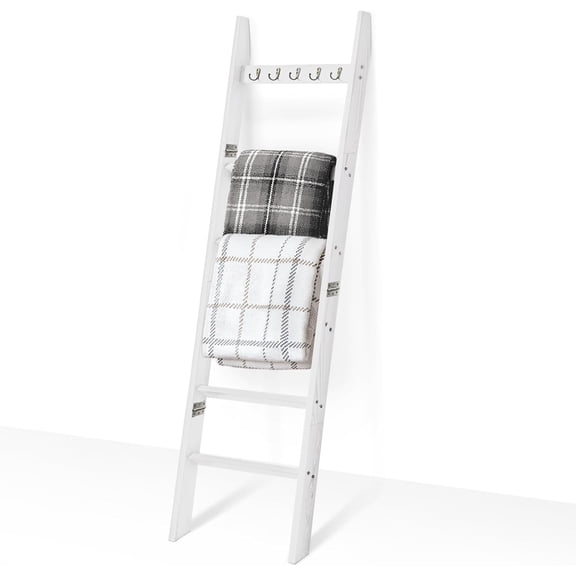 6-Tier Blanket Ladder for Living Room and Bedroom,5.4 Ft Wall Leaning Quilt Rack with Hooks,Rustic Decorative Farmhouse Blanket Storage,Stylish Ladder Holder,Easy to Assemble,White