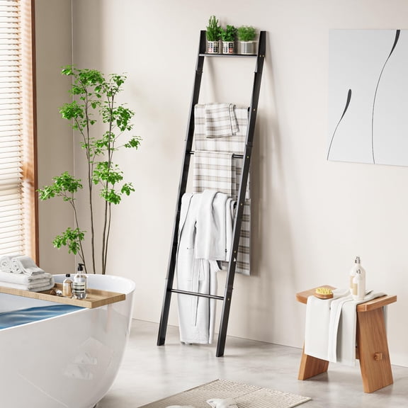 6-Tier Blanket Ladder for Living Room, Blanket Quilt Ladder Rack Rustic Decorative Towel Holder, Wall Leaning Blanket Ladder Shelf Storage Farmhouse Decor for Bedroom Bathroom, Black
