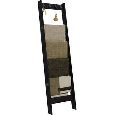 6 Tier Blanket Ladder Shelf for Living Room and Bedroom, Ladder Holder with 4 Metal Hooks, 5.2ft Blanket Quilt Holder Rack, Farmhouse Ladder Rack for Storage and Home Decor, Black