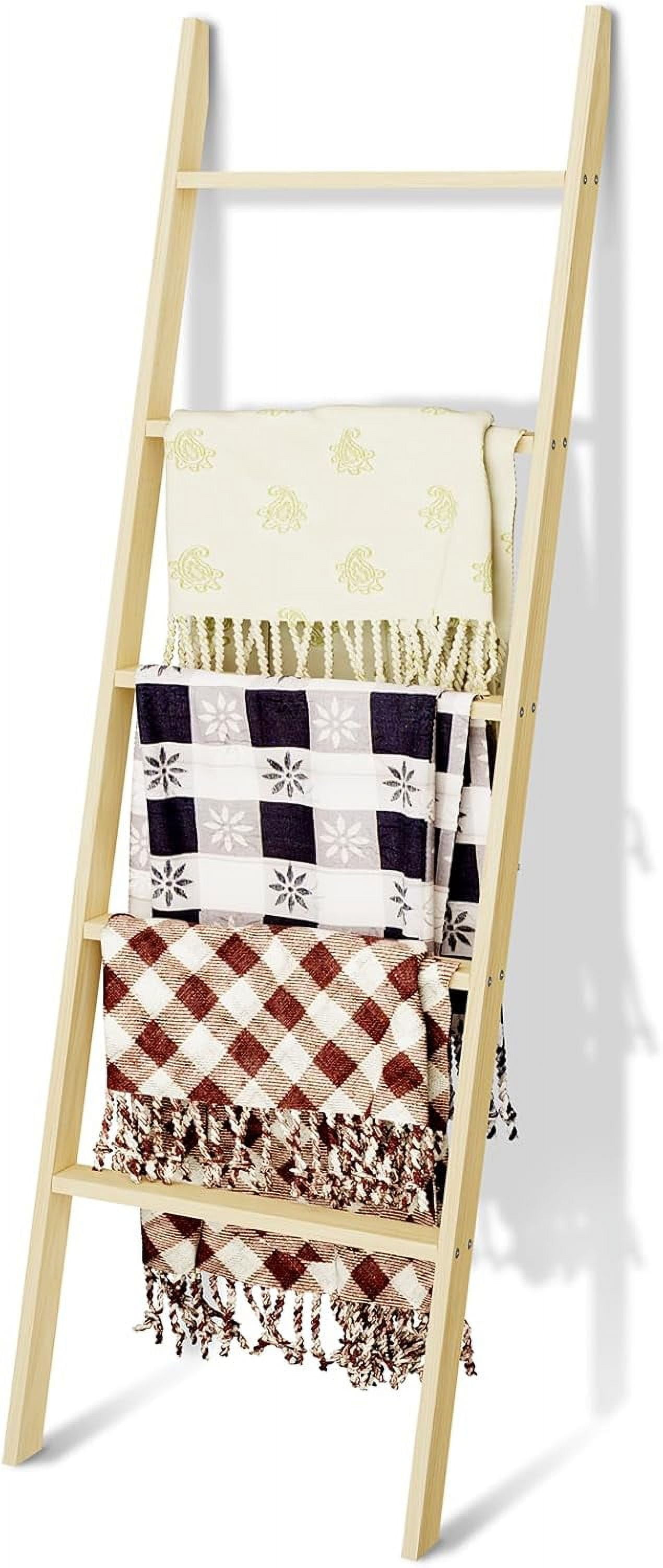 5-Tier Wooden Blanket Ladder With Hooks - Rustic Brown & Black Leaning Display Rack For Towels, Blankets