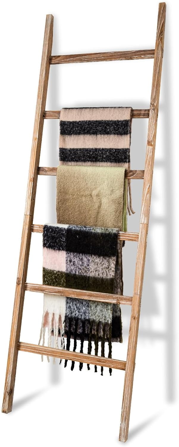 Fully Assembled Blanket Ladder - 57in, 5-Tier, Farmhouse Style, Leaning Towel Rack For Living Room/Bedroom