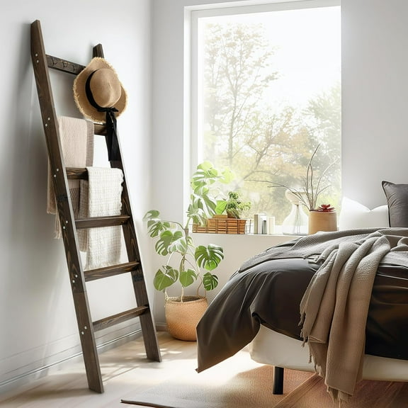 6-Tier Blanket Ladder for Living Room and Bedroom, Rustic Brown Wall Leaning Quilt  with Hooks