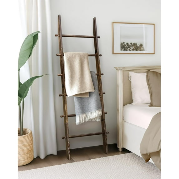6-Tier Blanket Ladder with Hanging Knobs, Rustic Brown Wall Leaning Storage for Living Room Bedroom, Easy to Assemble