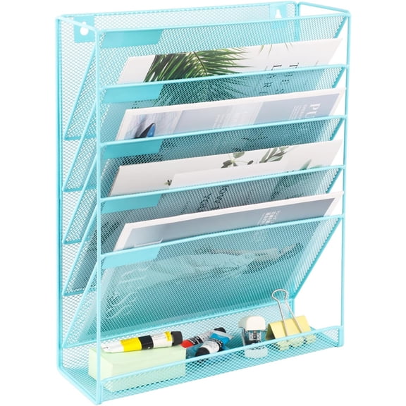 6-Tier Blue Mesh Desk File Organizer with Hanging Wall Mount, Vertical Desktop Mail and Paper Folder Rack with Bottom Tray