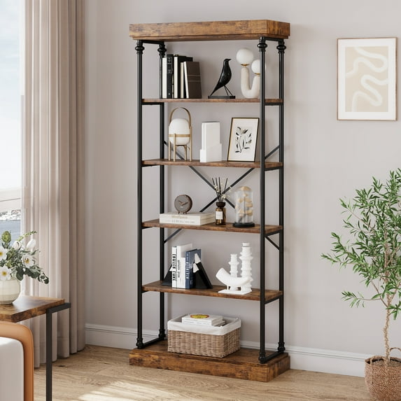 6 Tier Book Rack Storage Bookshelf,Industrial Bookcase Shelf Storage Organizer for Home Office,Living Room,Kitchen,74 x 32 Inch,Metal Frame & Wooden Shelves Unit