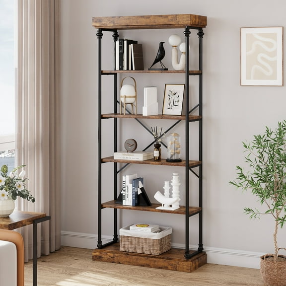 6 Tier Book Rack Storage Bookshelf,Industrial Bookcase Shelf Storage Organizer for Home Office,Living Room,Kitchen,74 x 32 Inch,Metal Frame & Wooden Shelves Unit