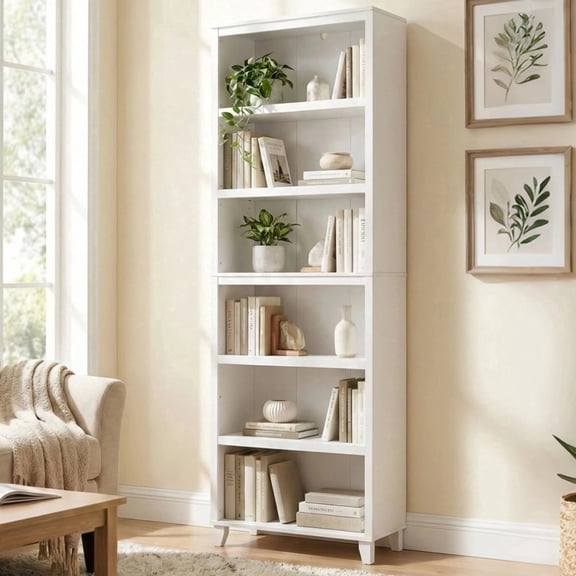 6-Tier Bookcase with Adjustable Shelves,27.56"W x 11.83"D x 76.3"H Floor Standing Open Bookshelf with Wood Legs for Home Office, Living Room, and Bedroom Storage,White