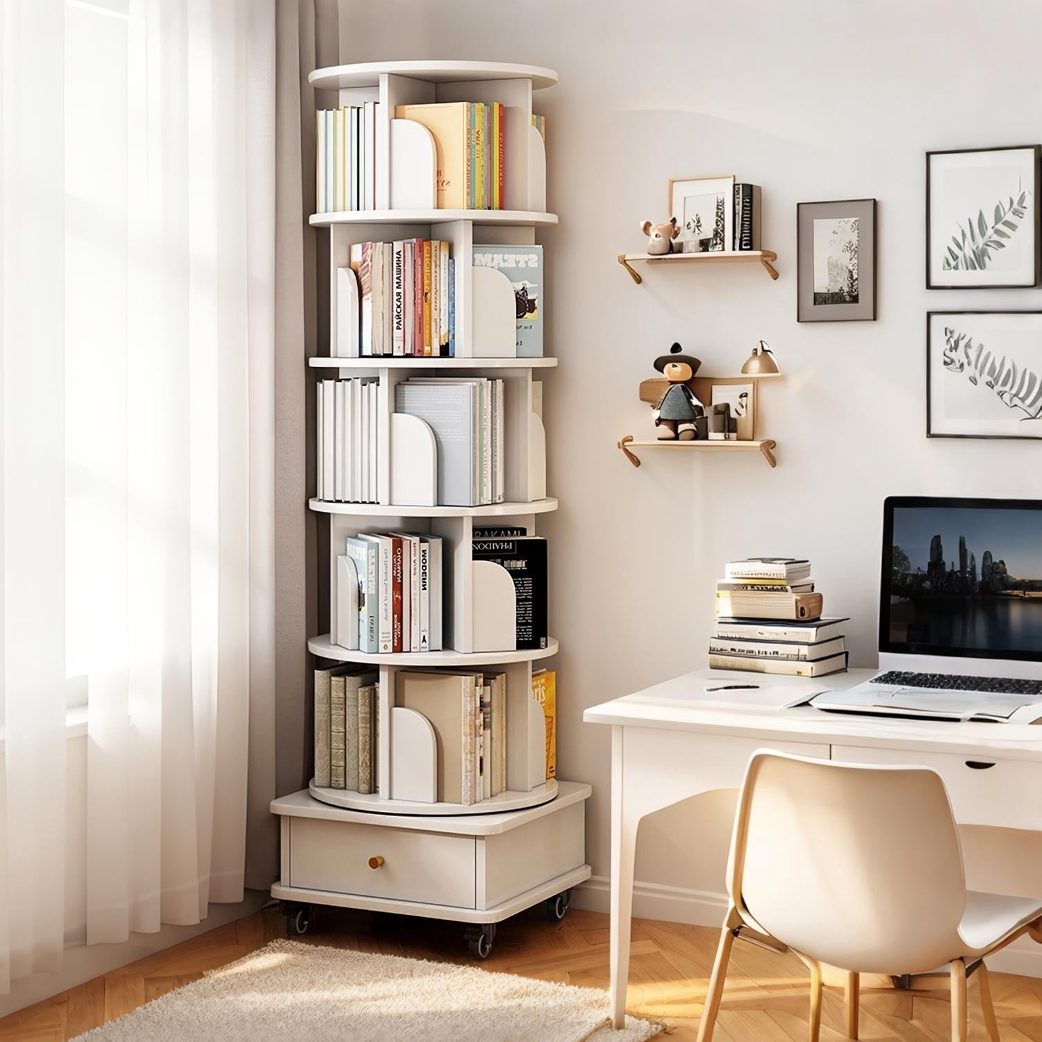 6 Tier Bookcase Storage, 360° Display Round Rotating Bookshelf with Wheels and Drawer forSmall Space, Bedroom, Living Room, Home, Office,White