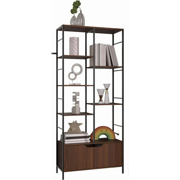 6 Tier Bookcase with Storage Cabinet, Tall Bookself with 2 Wood Doors, 67" Modern Display Standing Shelf Units, Wood and Metal Book Shelf for Living Room/Bedroom/Home Office, Brown