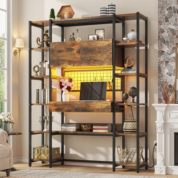 6 Tier Bookcase with Writing Desk, LED Light Computer Desk with Hutch and Bookshelf, Storage Cabinet with Door, Storage Drawer, Brown