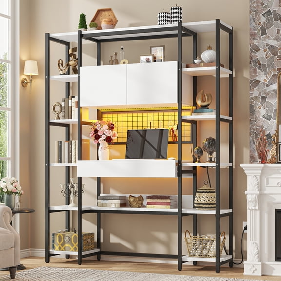 6 Tier Bookcase with Writing Desk, LED Light Computer Desk with Hutch and Bookshelf, Storage Cabinet with Door, Storage Drawer, White
