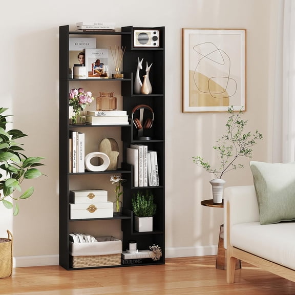 6 Tier Bookshelf, 64" Tall Bookcase with Staggered Shelves, 11 Open Cubicle Shelf, Wooden Decorative Storage Shelving Unit for Living Room Bedroom Office (1, Black)