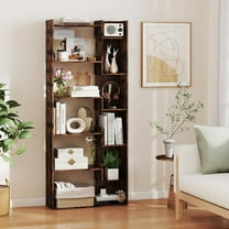 6 Tier Bookshelf, 64" Tall Bookcase with Staggered Shelves, 11 Open Cubicle Shelf, Wooden Decorative Storage Shelving Unit for Living Room Bedroom Office (1, Rustic Brown)