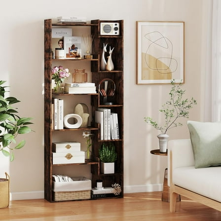 6 Tier Bookshelf, 64" Tall Bookcase with Staggered Shelves, 11 Open Cubicle Shelf, Wooden Decorative Storage Shelving Unit for Living Room Bedroom Office (1, Rustic Brown)