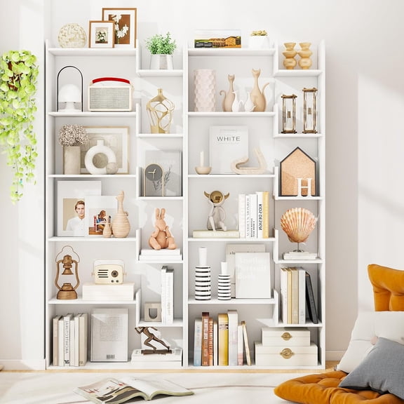 6 Tier Bookshelf, 64" Tall Bookcase with Staggered Shelves, 11 Open Cubicle Shelf, Wooden Decorative Storage Shelving Unit for Living Room Bedroom Office (2, White)