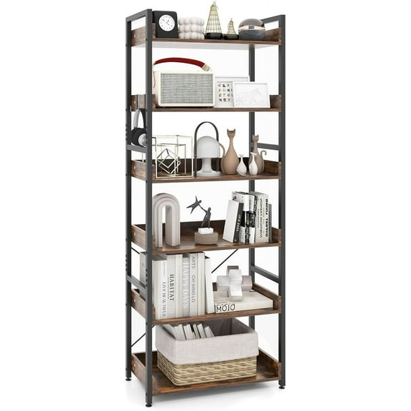 6-Tier Bookshelf, 70 Tall Industrial Bookcase w/Open Shelves & 4 Hooks, Storage Rack w/Metal Frame, Vintage Standing Display Rack for Study Living Room Kitchen (Rustic Brown, 6-Tier)