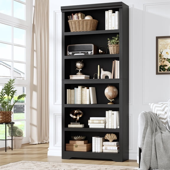6 Tier Bookshelf, 75" Tall Farmhouse Bookcase - with Adjustable Shelves, Floor Standing Open Display Storage Rack with Anti-Slip Design for Home Office, Balcony, Library, Study / Living Room, Black