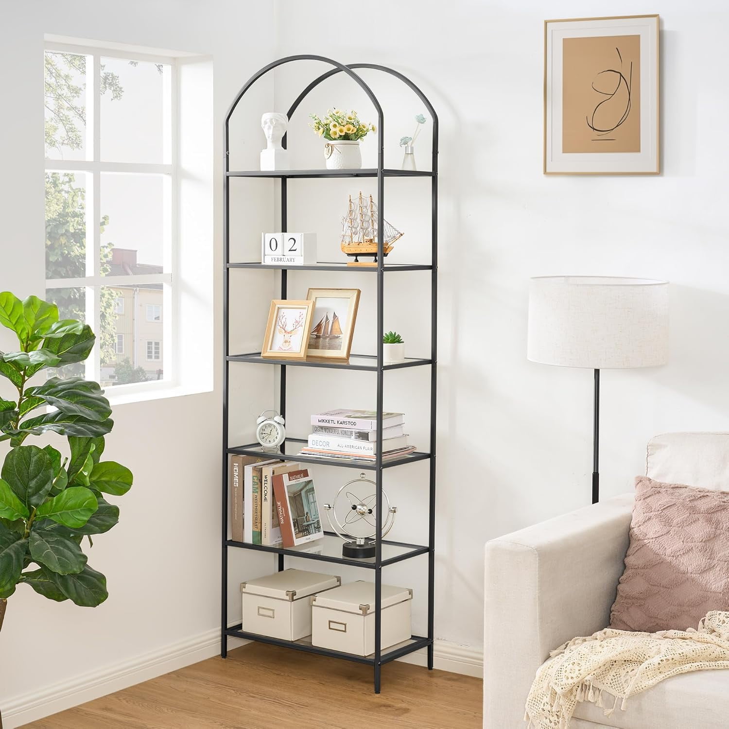 6-Tier Bookshelf Arched Display Racks, Metal Bookcase, Tempered Glass ...