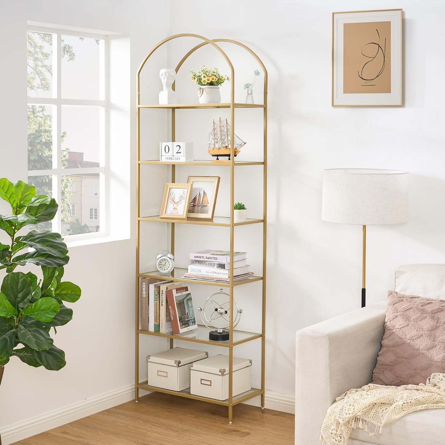 6-Tier Bookshelf Arched Display Racks, Metal Bookcase, Tempered Glass ...