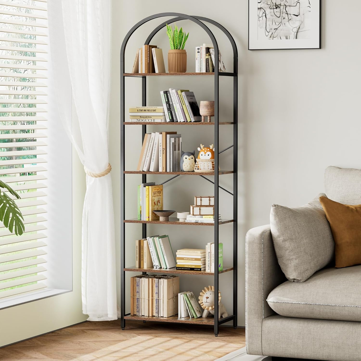 Bookshelf Arched Display Racks, Wood and Metal Bookcase, Tall Bookshelf ...