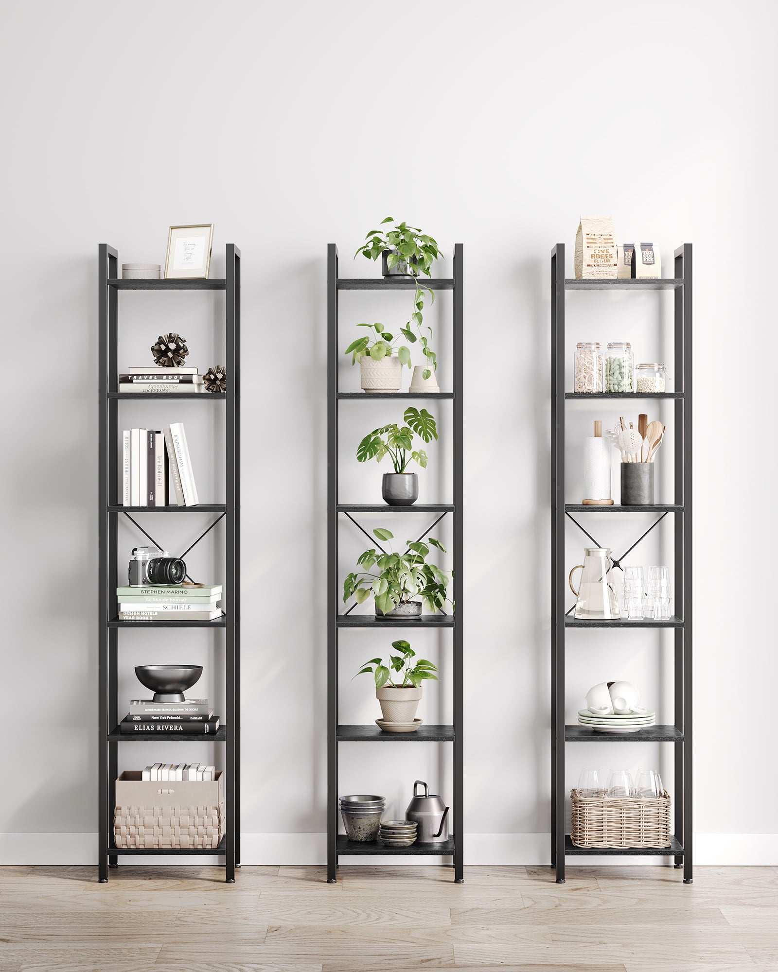 Tall Black 6-Tier Adjustable Steel Frame Bookshelf