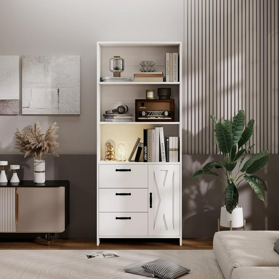 6-Tier Bookshelf with Door and 3 Drawers, 71" H Tall Bookcase with 3-Tier Open Shelves, Wooden Book Shelf with Storage Cabinet for Home Office, Living Room, Bedroom