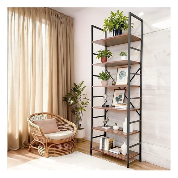6 Tier Bookshelf, Industrial Bookcase, 72 Ladder Shelf - Home Office Storage, Living Room Shelves, Wood & Metal Bookcase