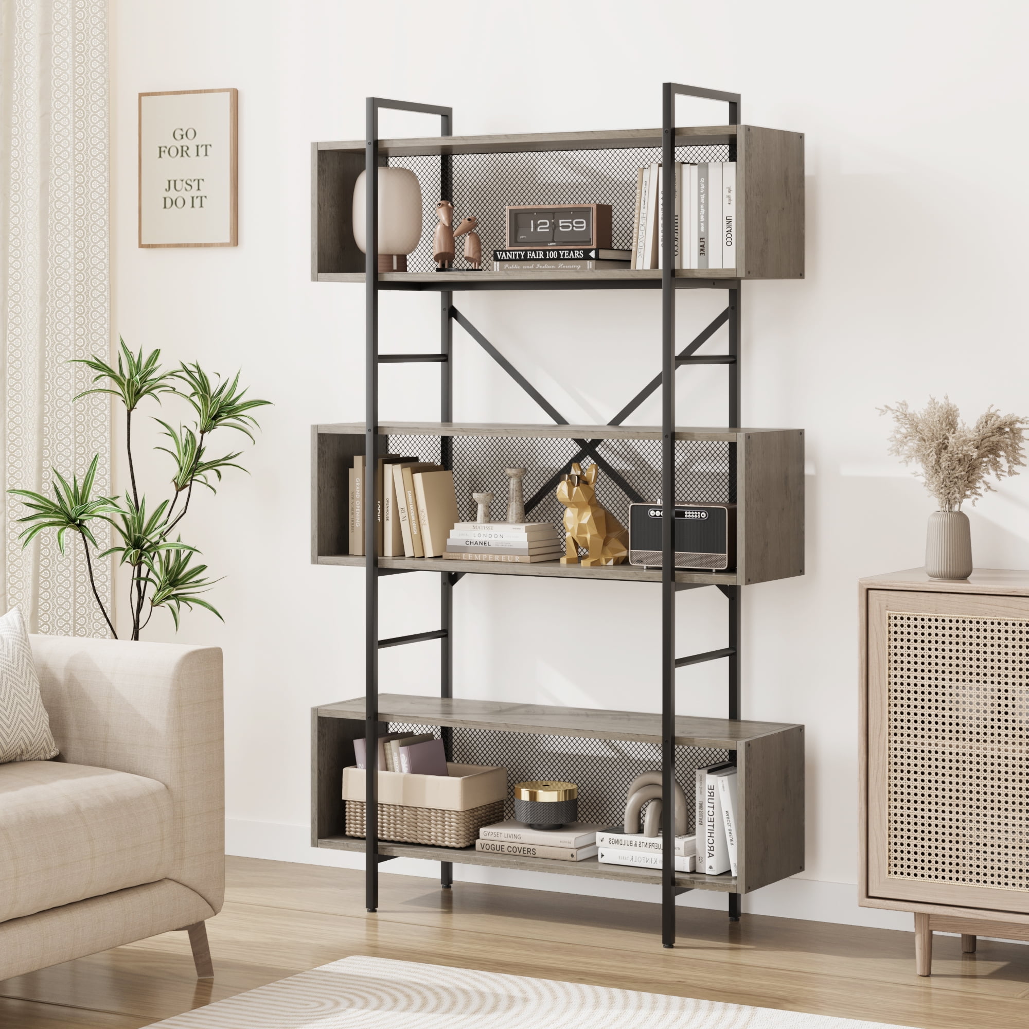 6 Tier Bookshelf with Storage, 71.3 Inch Tall Industrial Book Shelf
